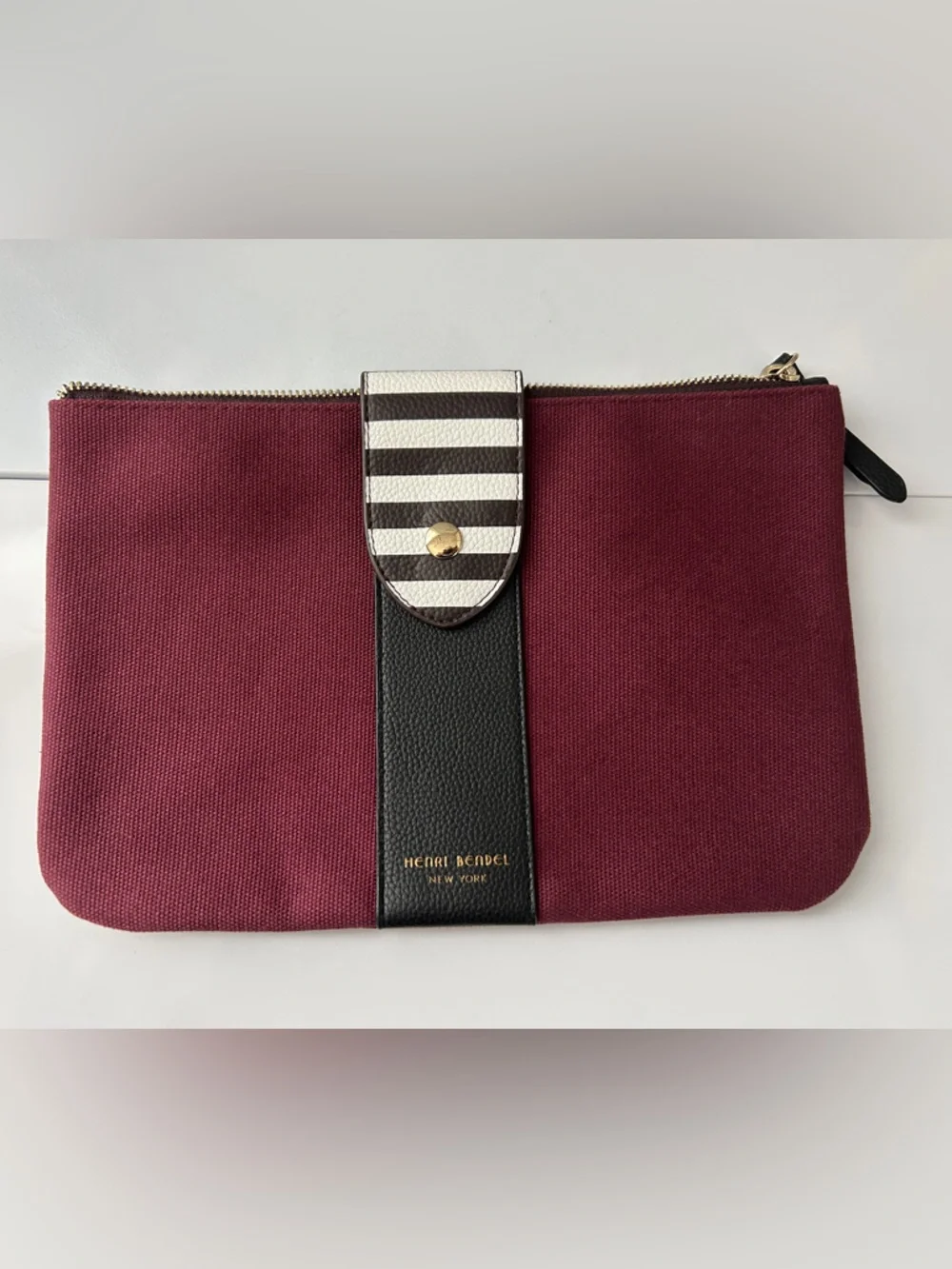 Henri Bendel Iconic Maroon Canvas Cosmetic Bag Zip Clutch Stripe Makeup Pouch